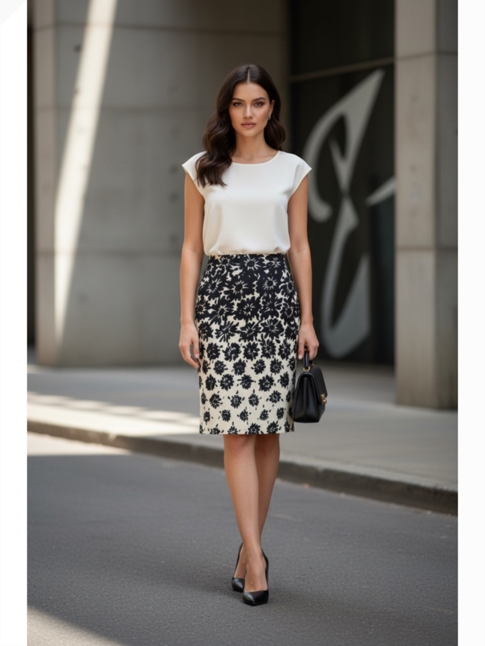 Trisisto Femme Floral Pencil Skirt Navy/Cream Knee Length Lined Size 10